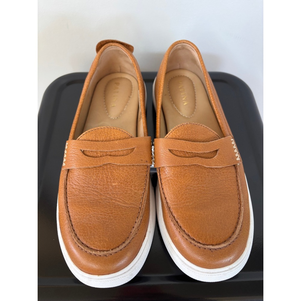 Patina Womens Cognac Pebbled Leather Penny Loafer Sneakers Tan White Sole 7.5